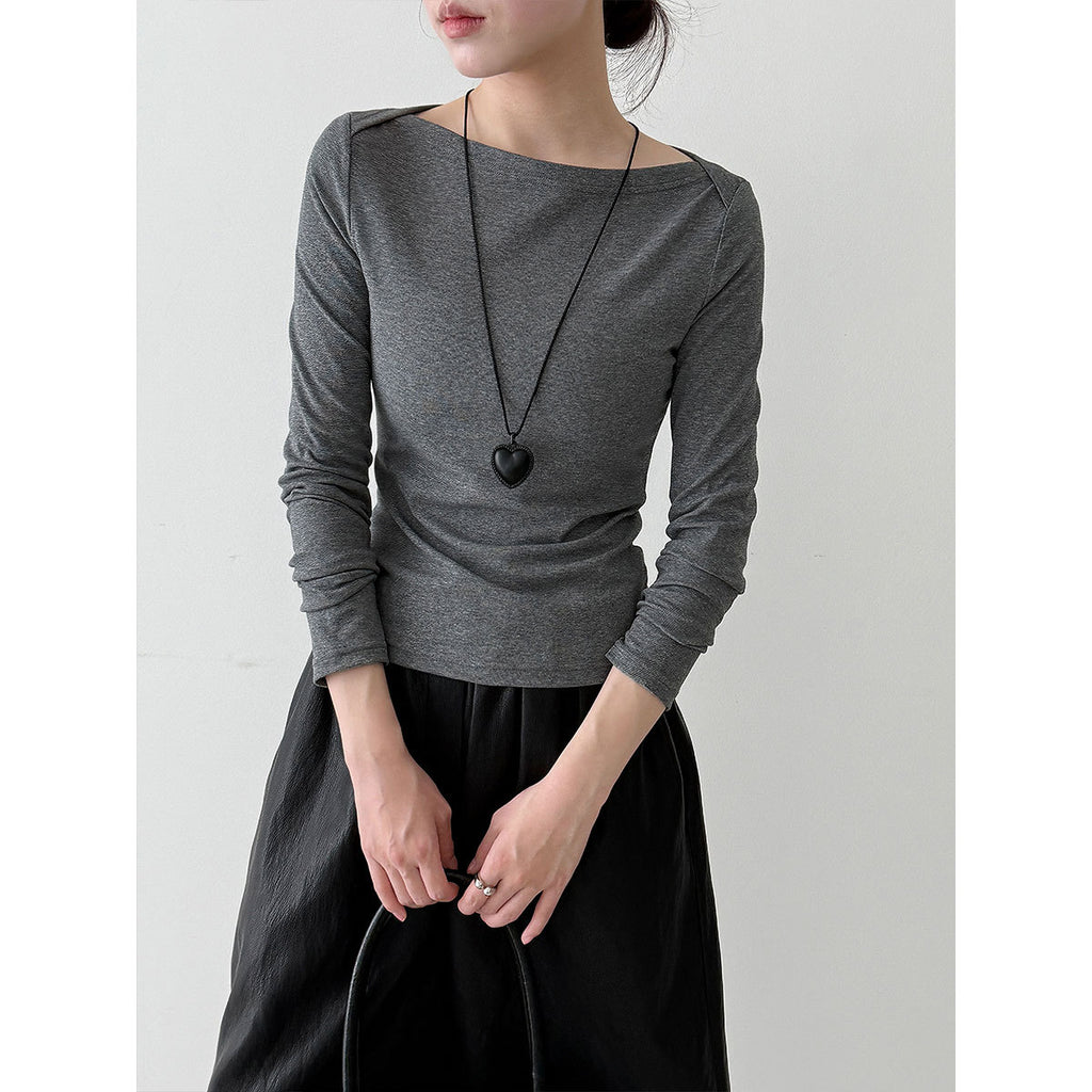 Retro High-Intellectual Boat Neck Design Inner Layer Long Sleeve T-Shirt for Women, Autumn Fitted Slimming Chic Top
