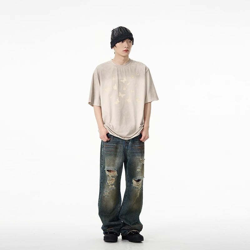 Street Retro Ripped Jeans Men Spring Autumn New Fashion Brand Cool Straight Loose Long Pants