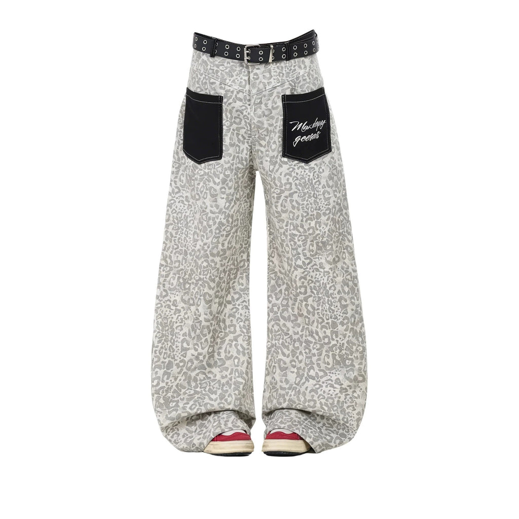 Fashion Leopard Print Patchwork Jeans for Women and Men, Summer New Arrival, High-End Design Wide Leg Knife Cut Casual Pants