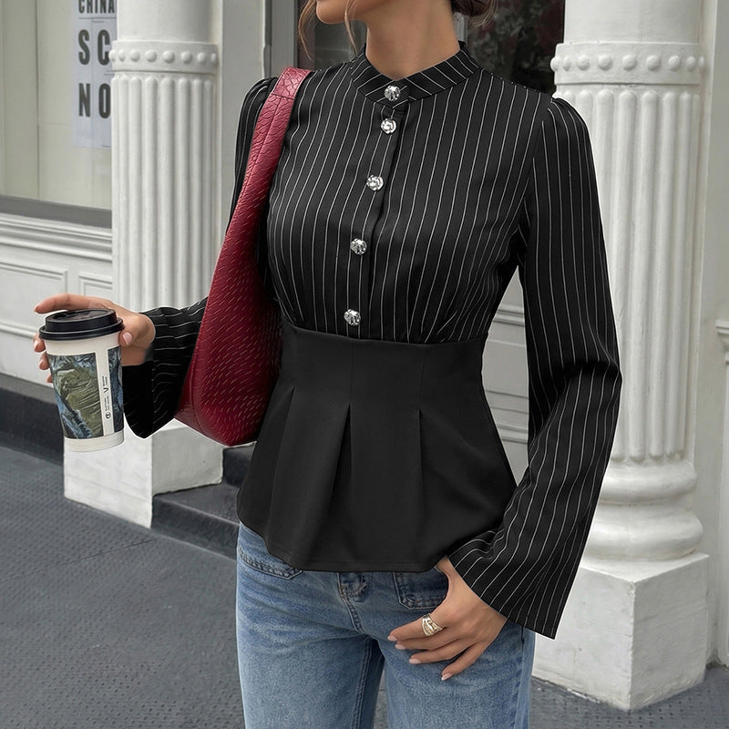 Striped waist cinched long sleeved shirt