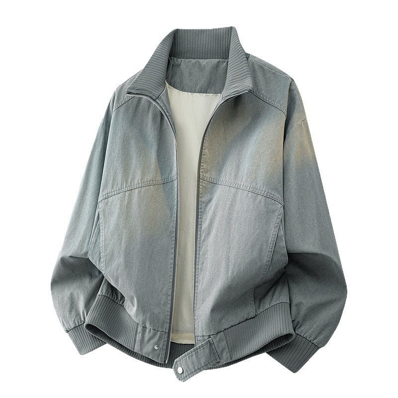 Men's Rugged Style Dark Blue Long Sleeve Zipper Stand Collar Regular Fit Jacket