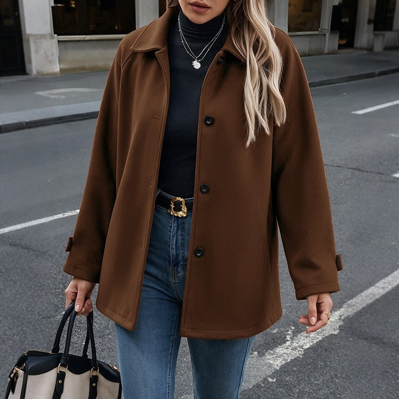 Solid color lapel buckle mid length jacket for women