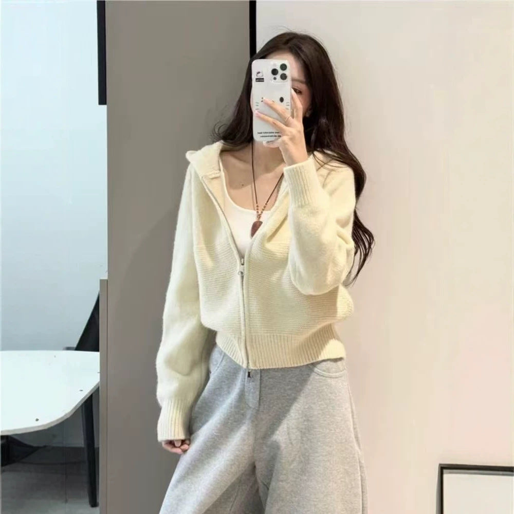 Casual Wavy Pattern Double Zipper Hooded Knit Cardigan for Women,Sweater Top
