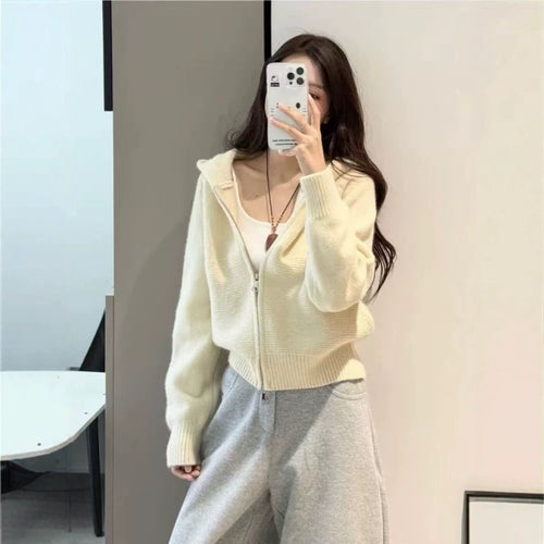 Casual Wavy Pattern Double Zipper Hooded Knit Cardigan for Women,Sweater Top
