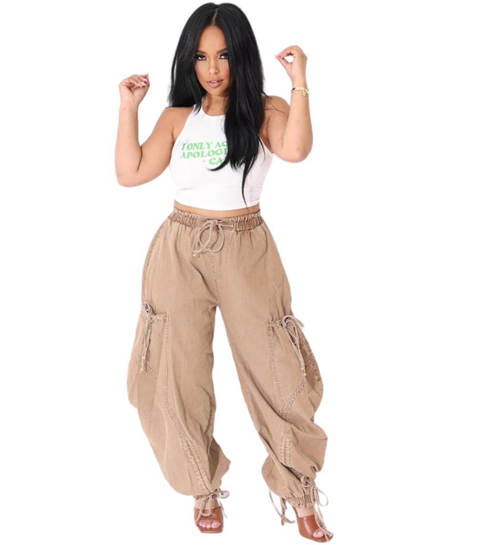 Casual Loose Denim Pants for Women Street Style Drawstring Elastic Waist Harlan Pants