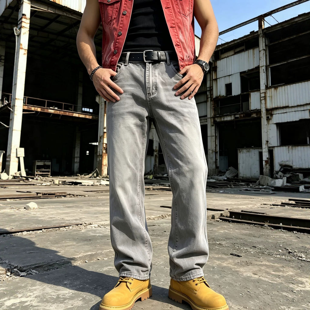 Casual Gray Men's Jeans for Daily Wear, Comfortable Commuting, Fashion Distressed Washed Denim Pants