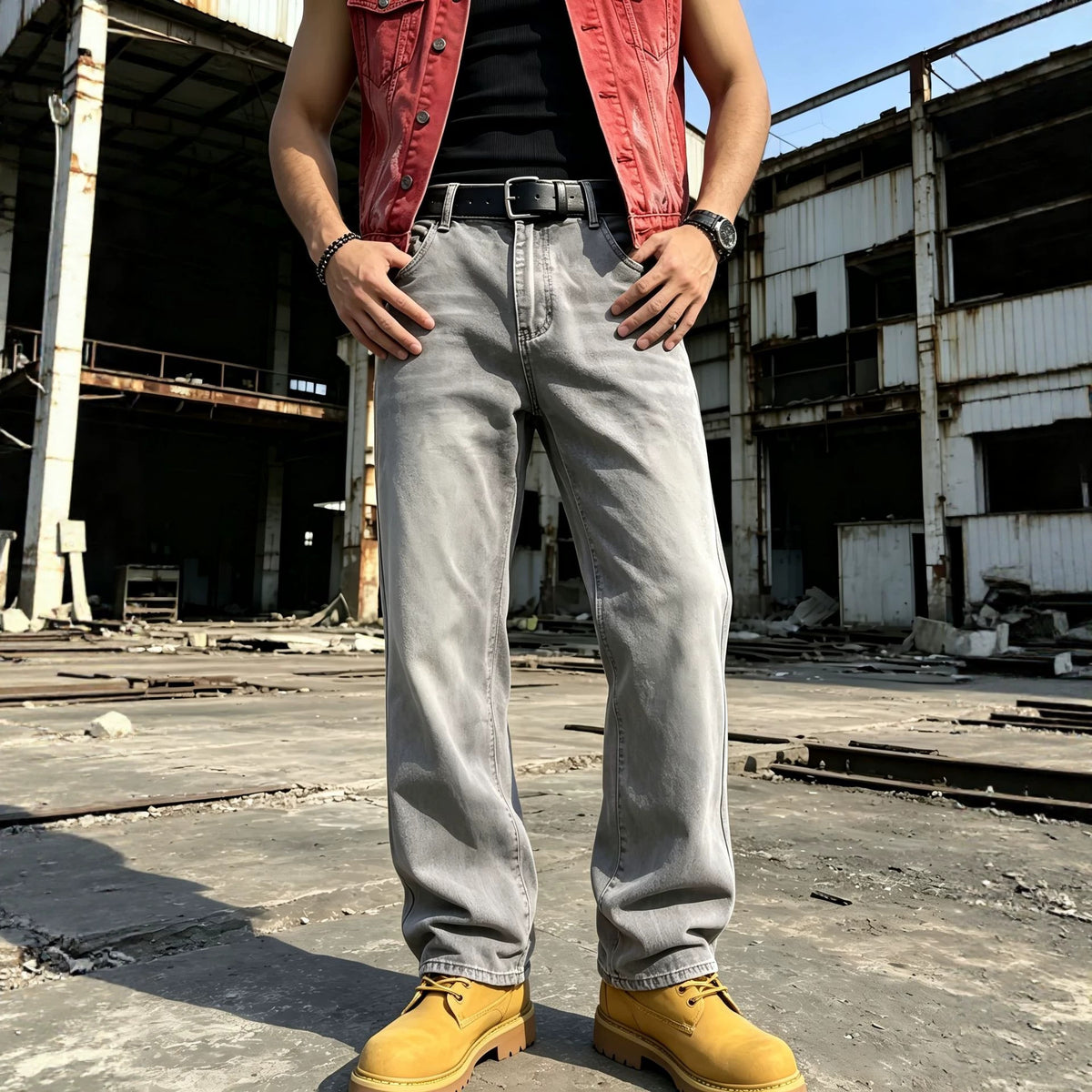 Casual Gray Men's Jeans for Daily Wear, Comfortable Commuting, Fashion Distressed Washed Denim Pants