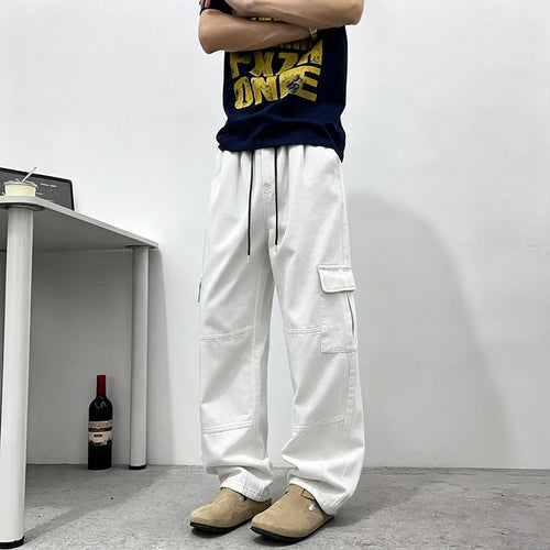 Casual Color-blocked Denim Pants for Men, Loose Fit, Multi-pocket, Fashionable, Versatile, Summer Style