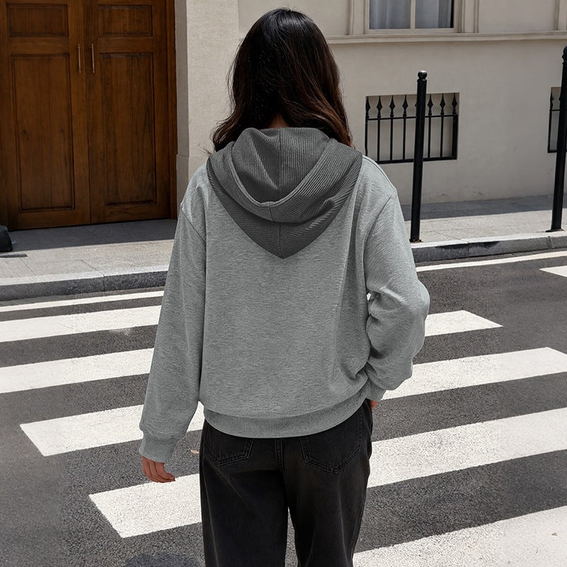 Color blocking splicing fake two-piece hooded sweatshirt