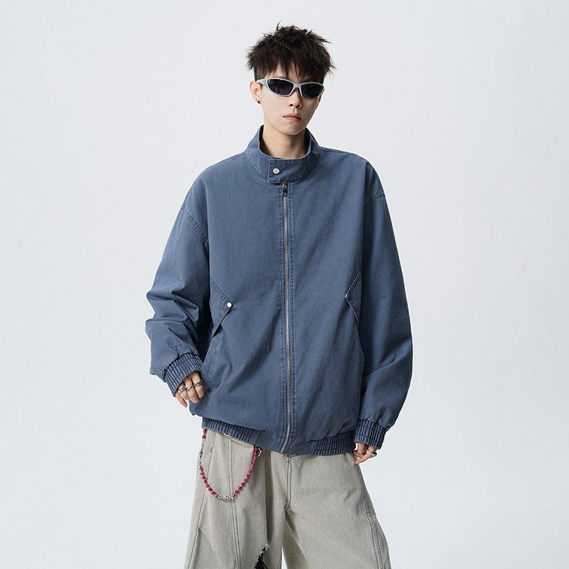 Men's Vintage Workwear Long Sleeve Cotton Striped Texture Stand Collar Jacket