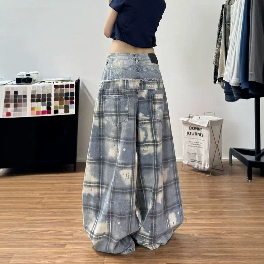 High Street Retro Edgy Distressed Patchwork Washed Denim Pants for Women Summer Wide Leg Oversized Trousers