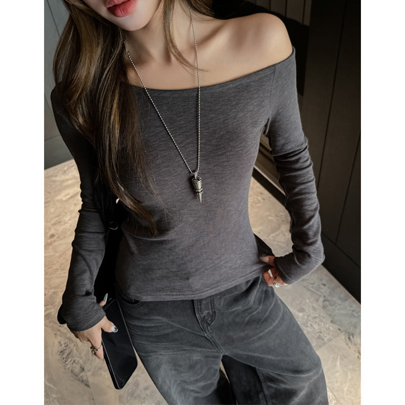 Chic Long Sleeve Crop Top for Women, Off-Shoulder Asymmetric Design, Sexy and Sultry Inner Wear or Outerwear, Regular Shoulder T-Shirt Top