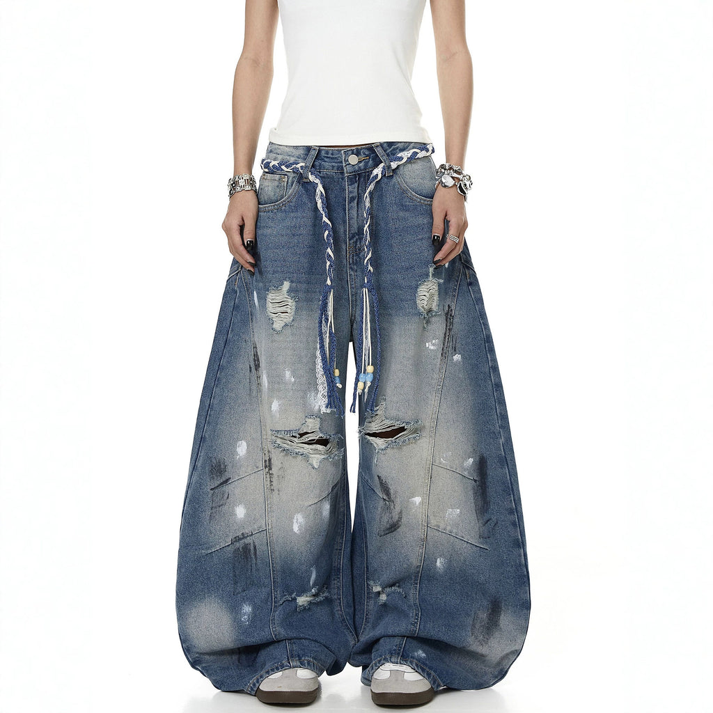 Street Style Distressed Printed Wide-Leg Jeans for Women with Tie Waist and Vintage Washed Effect