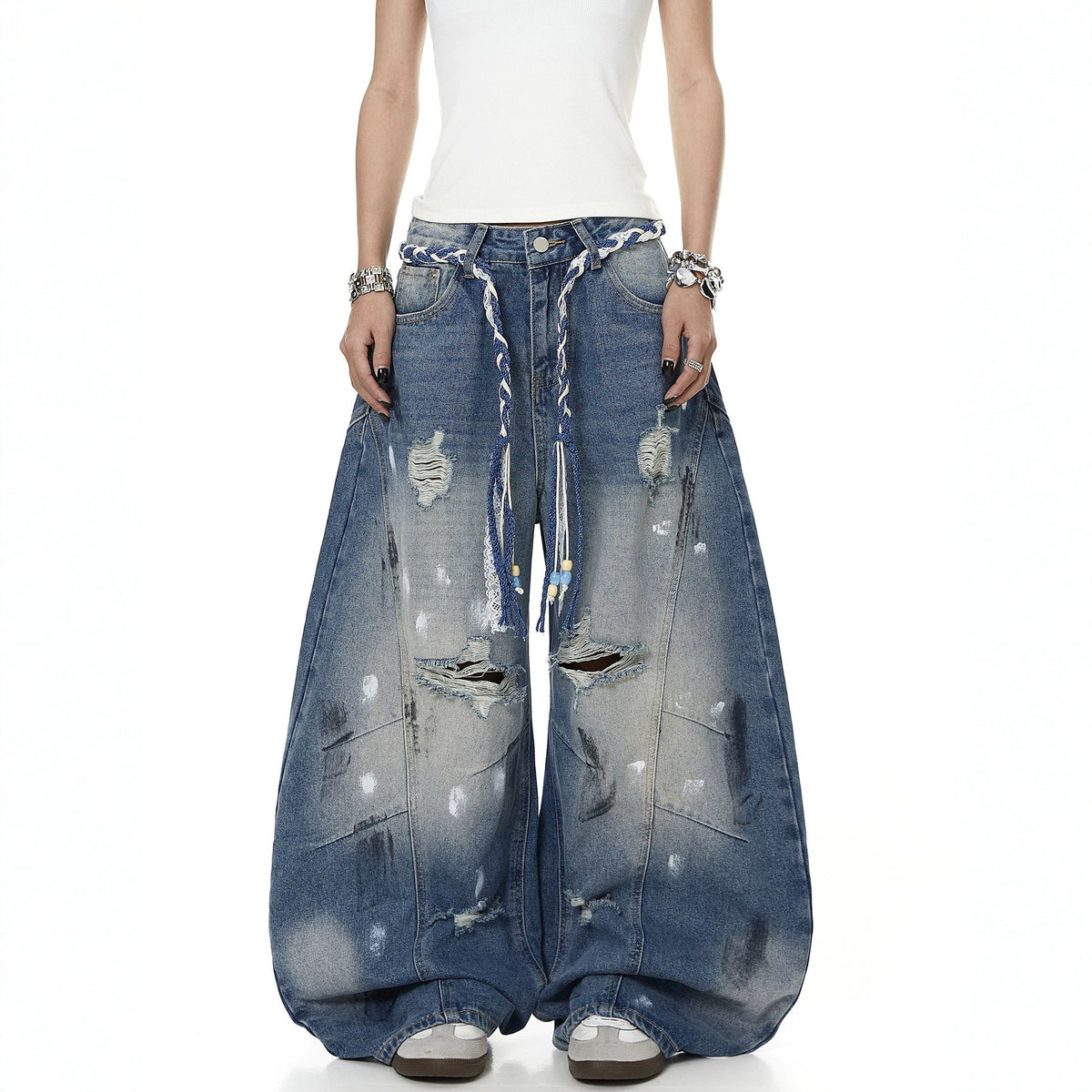 Street Style Distressed Printed Wide-Leg Jeans for Women with Tie Waist and Vintage Washed Effect