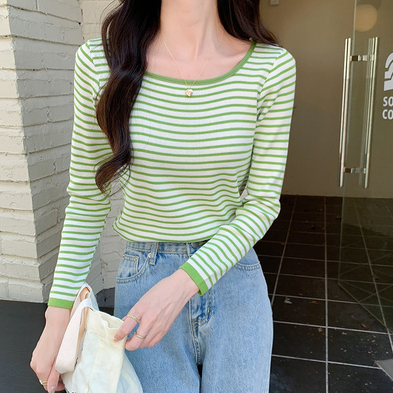 Knitted Long Sleeve T-Shirt for Women, Early Autumn New Style, Off-Shoulder Striped Design, Fashionable Top