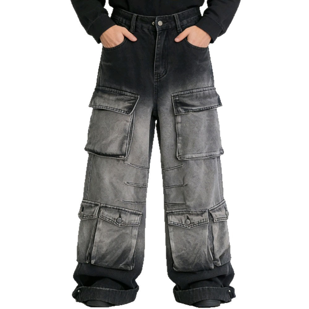 Women's Denim Cargo Pants Street Fashion Gradient Color Multi-Pocket Straight Leg Pants