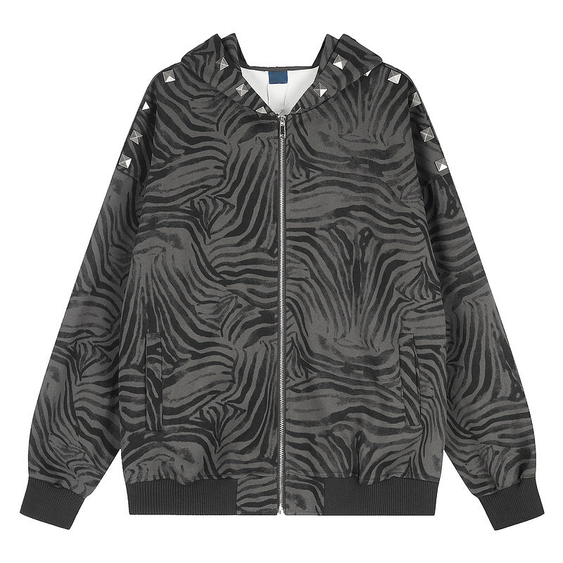 Black gray tiger pattern rivet hooded cardigan for women