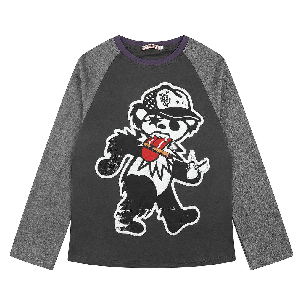 Cartoon printed color blocked shoulder long sleeved t-shirt