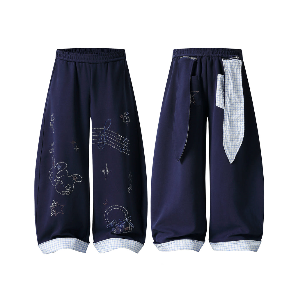 Rhinestone Rabbit Wide-Leg Sweatpants for Women, Plaid Turn-Up Ribbon Slimming Long Pants