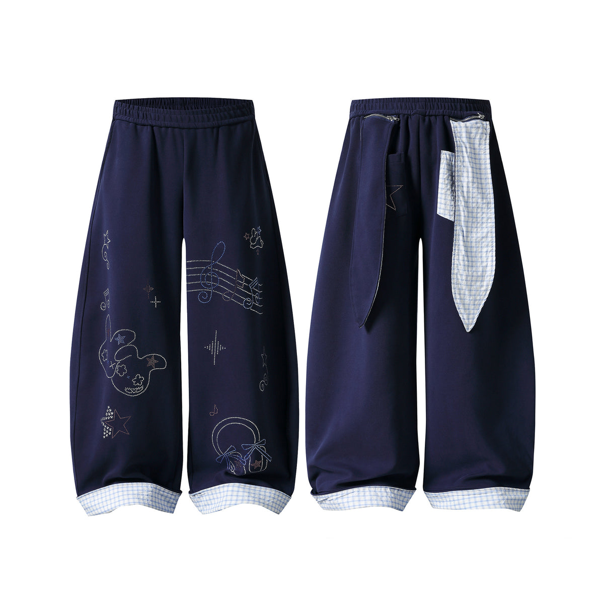 Rhinestone Rabbit Wide-Leg Sweatpants for Women, Plaid Turn-Up Ribbon Slimming Long Pants