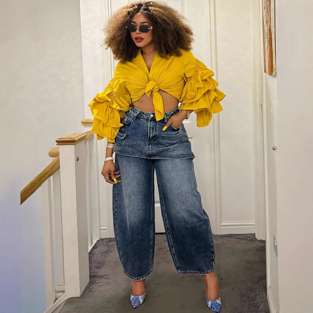 Women's fake skirt jeans women's fashion personality splicing high waist short skirt straight leg pants