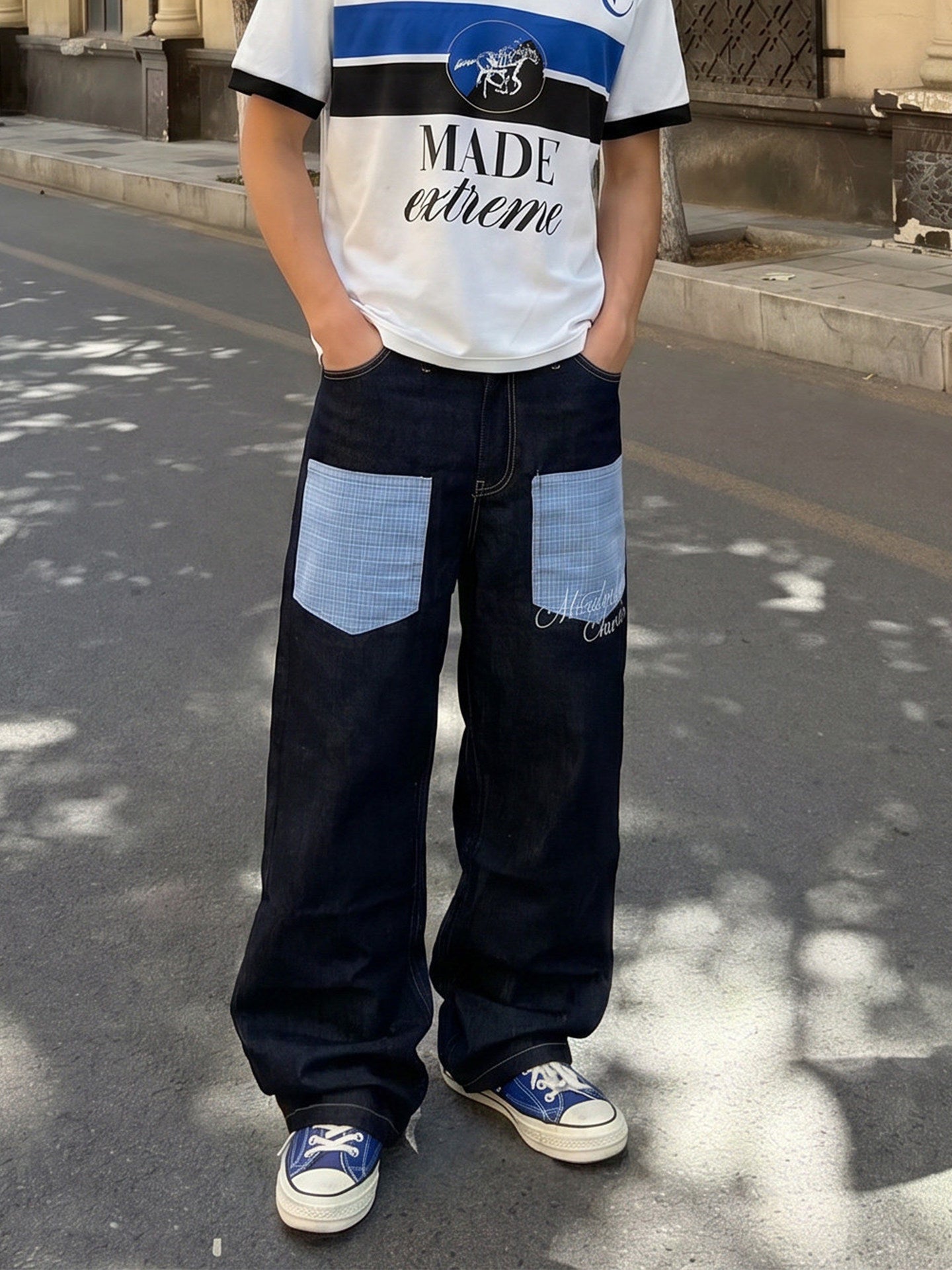 Men's Cargo Pants with Pocket Design, Streetwear Trendy Black Denim Trousers, Fashion Long Pants