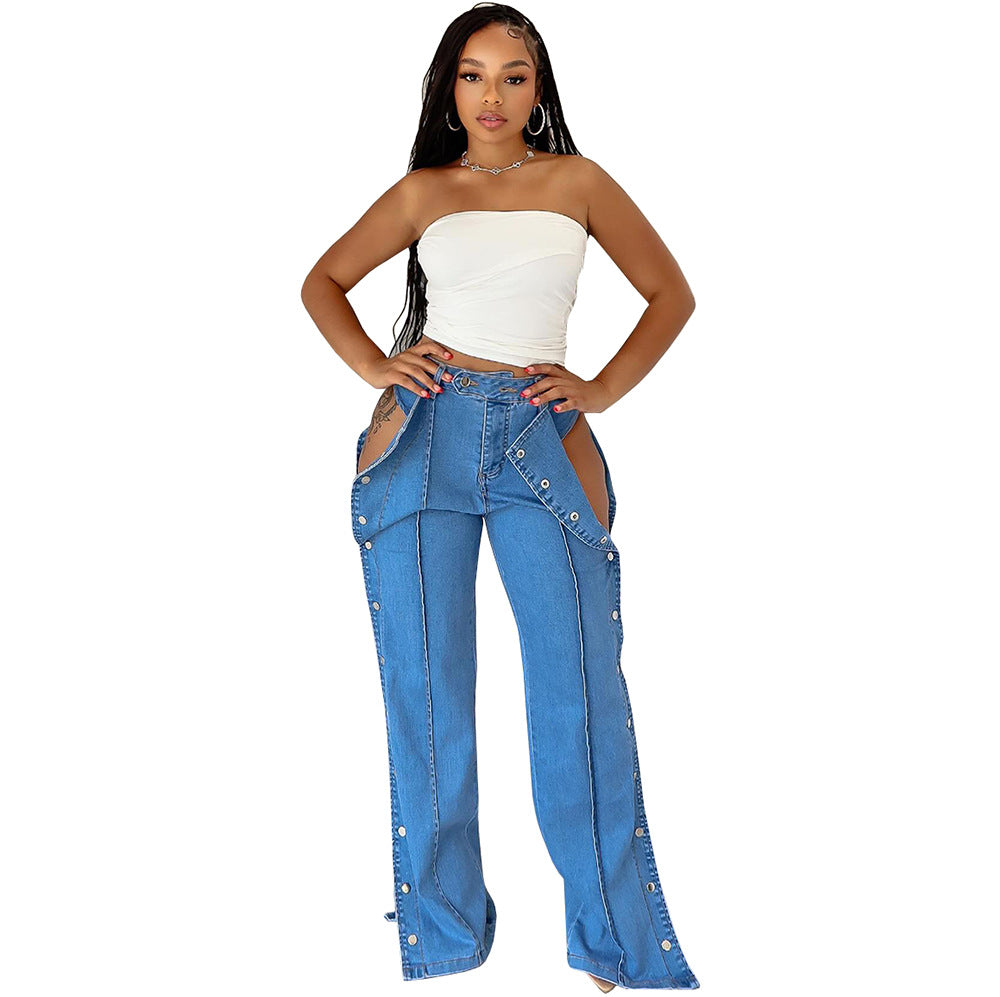 Style High-Waist Jeans Women's Fashion Streetwear Double-Side Button Closure Casual Long Pants