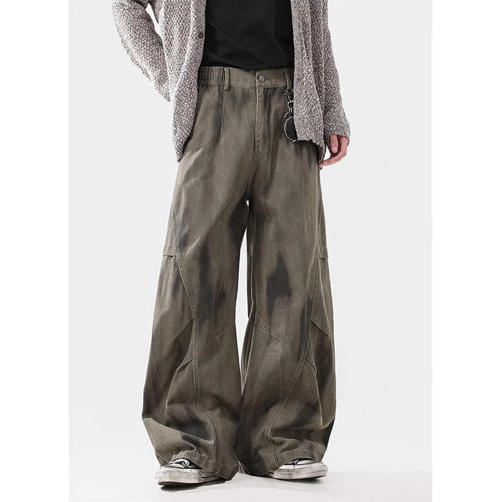 Stylish Design Pleated Distressed Cargo Jeans for Men Loose Fit, Vintage Wash, Versatile Long Pants