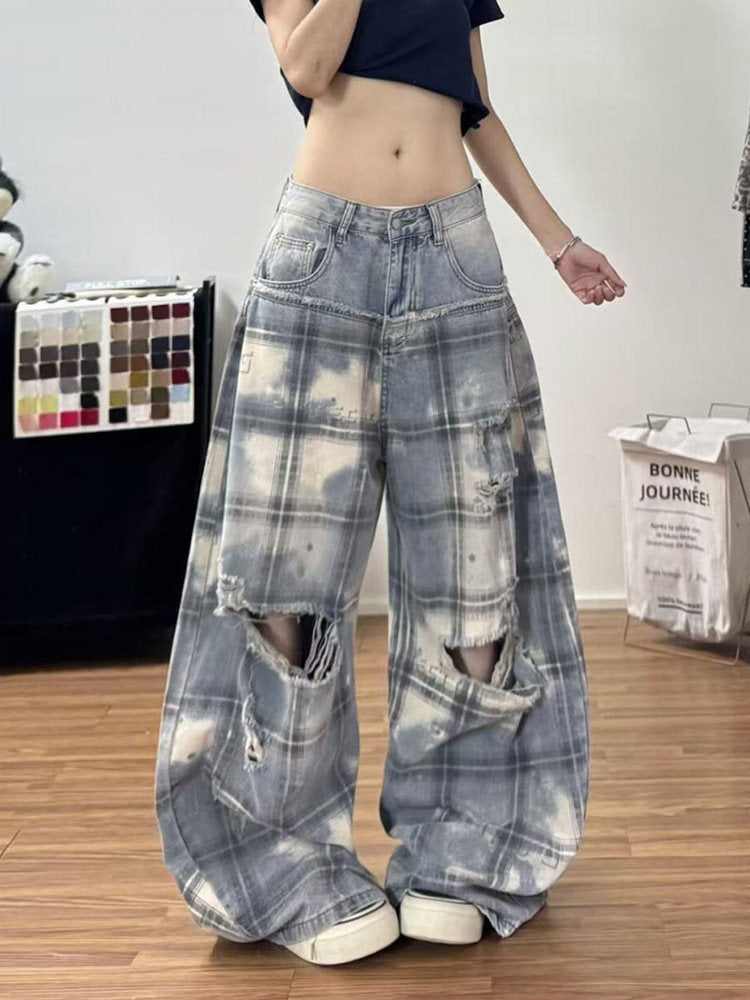 High Street Retro Edgy Distressed Patchwork Washed Denim Pants for Women Summer Wide Leg Oversized Trousers