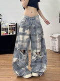 High Street Retro Edgy Distressed Patchwork Washed Denim Pants for Women Summer Wide Leg Oversized Trousers