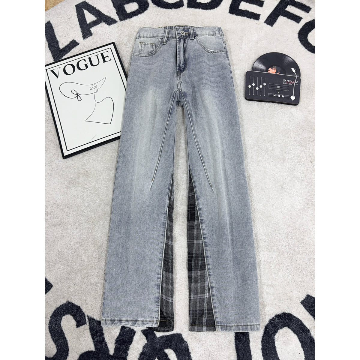 Deconstructed Plaid Patchwork Denim Pants for Men