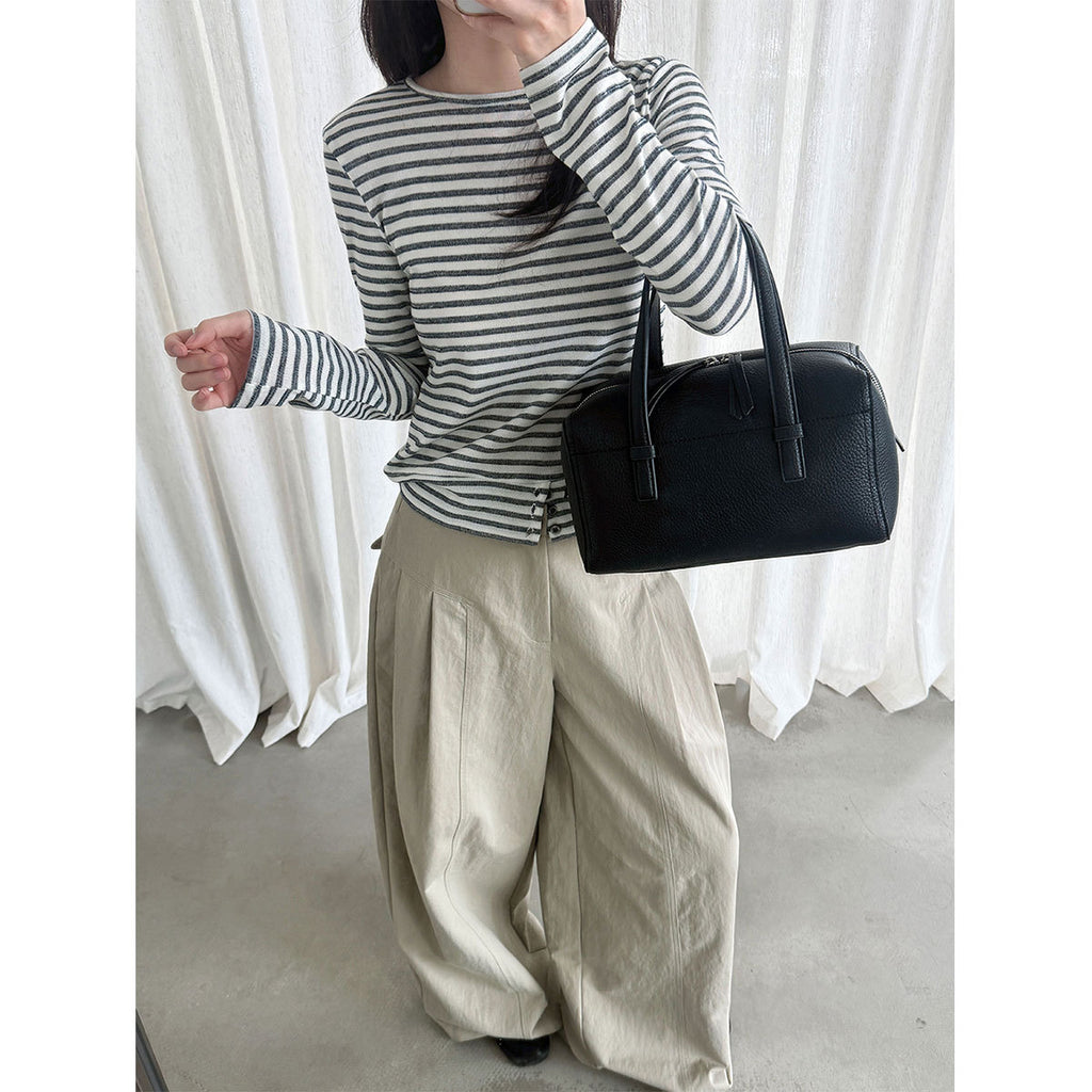 Deer West Simple and Versatile Striped Hem Button-Down Loose Fit Women's Basic Tee Long Sleeve T-Shirt