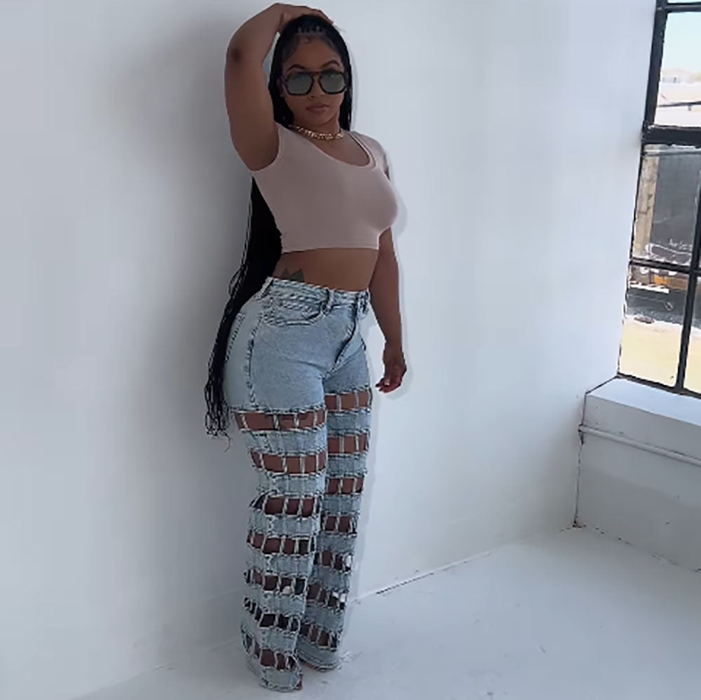 Ripped Women's Jeans, High-Waisted Straight Leg Denim Pants, Street Style Hollow Out Fashion