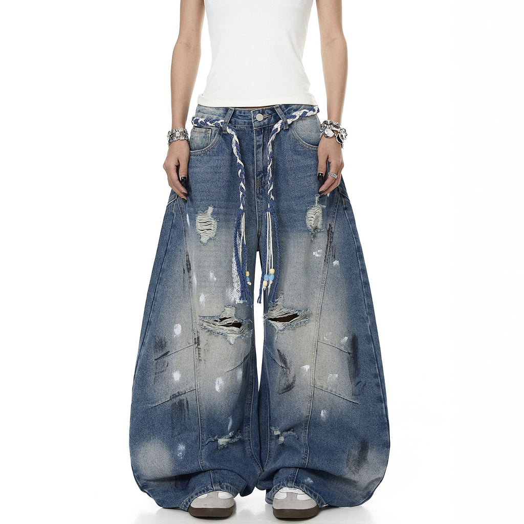 Street Style Distressed Printed Wide-Leg Jeans for Women with Tie Waist and Vintage Washed Effect