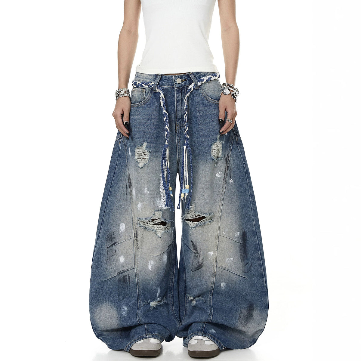 Street Style Distressed Printed Wide-Leg Jeans for Women with Tie Waist and Vintage Washed Effect