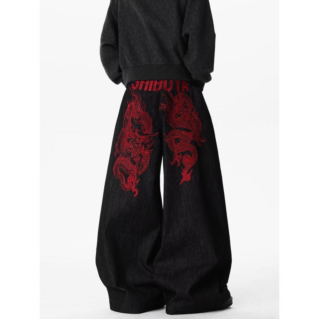 Red Dragon Embroidery Knife Jeans Men Loose Casual Cargo Wide Leg Long Pants