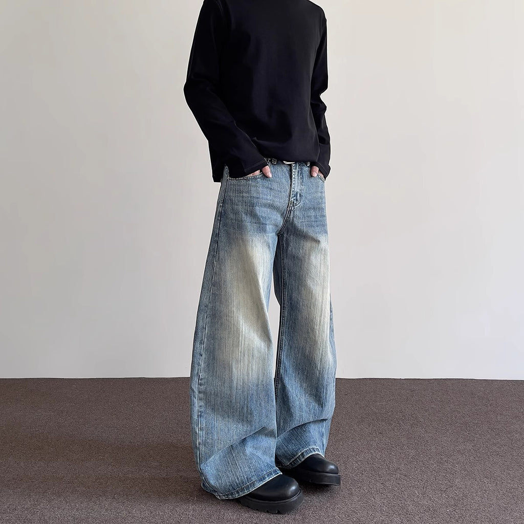 Street Cleanfit Distressed Slub Knife-Edge Jeans Men's Straight Leg Slight Flare Silhouette Design Long Pants