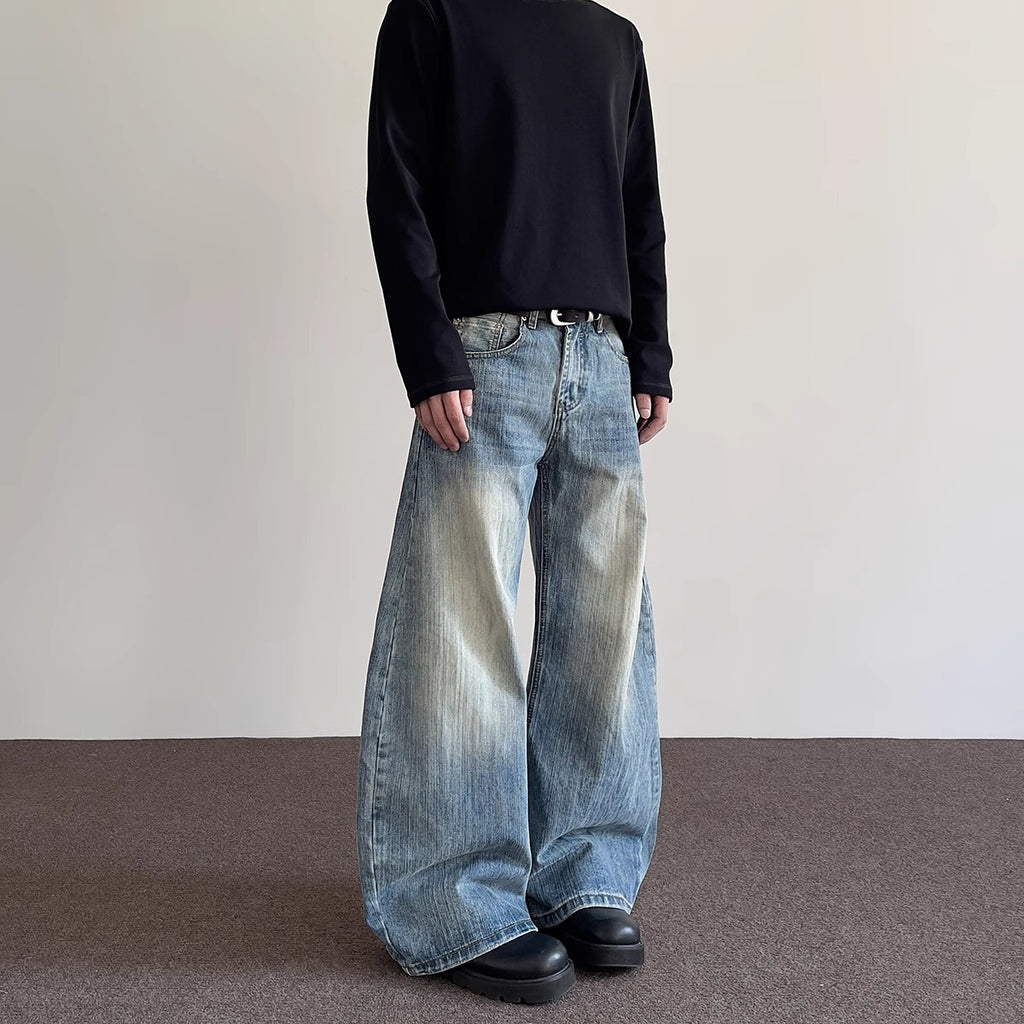 Street Cleanfit Distressed Slub Knife-Edge Jeans Men's Straight Leg Slight Flare Silhouette Design Long Pants