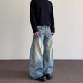 Street Cleanfit Distressed Slub Knife-Edge Jeans Men's Straight Leg Slight Flare Silhouette Design Long Pants