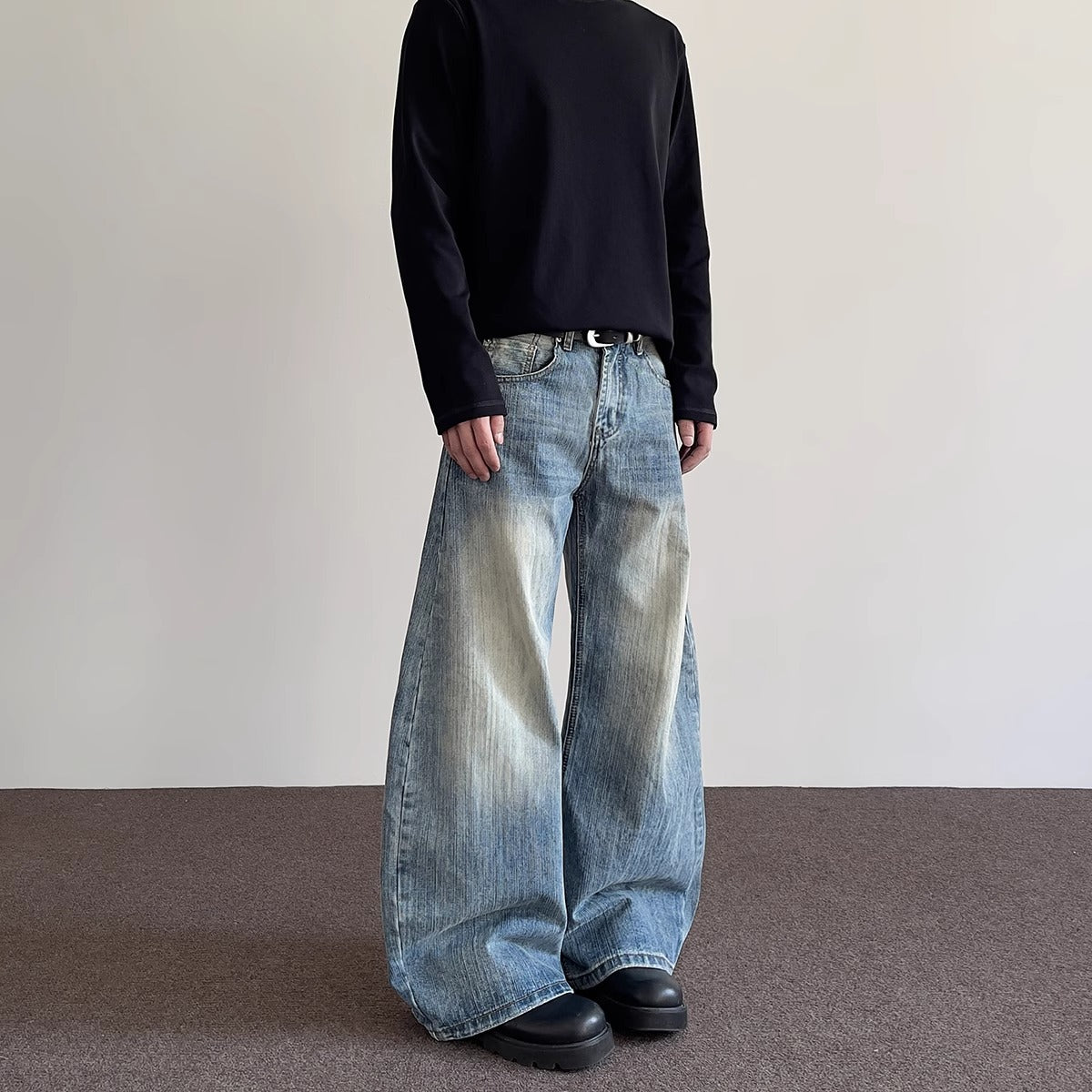 Street Cleanfit Distressed Slub Knife-Edge Jeans Men's Straight Leg Slight Flare Silhouette Design Long Pants