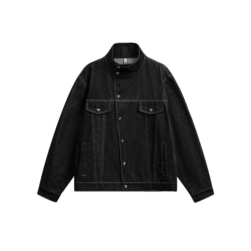 Irregular Slant Neck Short Denim Jacket for Men,  Vintage Loose Fit Style