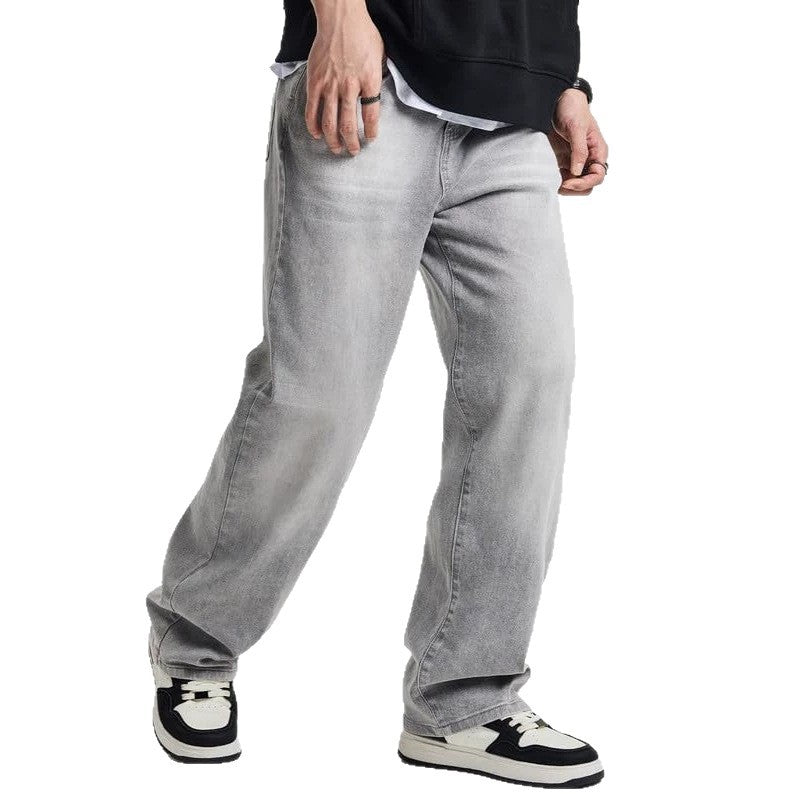 Casual Men's Distressed Gray Design Denim Pants, Vintage Fashion Washed Jeans