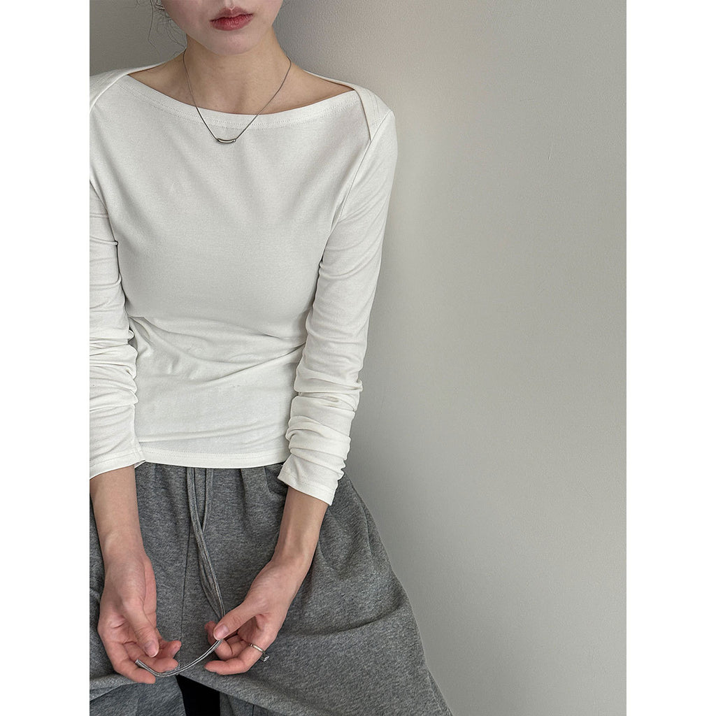 Retro High-Intellectual Boat Neck Design Inner Layer Long Sleeve T-Shirt for Women, Autumn Fitted Slimming Chic Top
