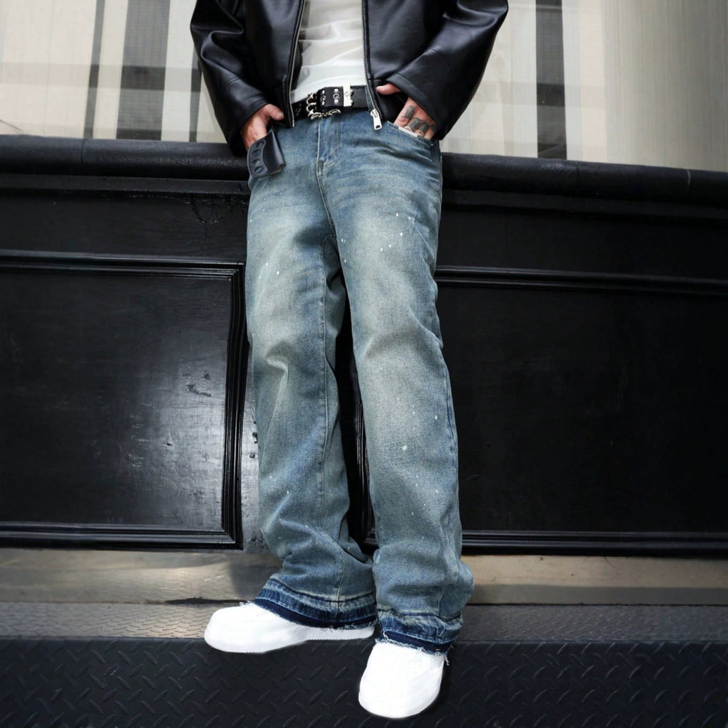 Retro Summer Washed Denim Pants for Men with Distressed Splatter Design, Fashionable Casual Trousers