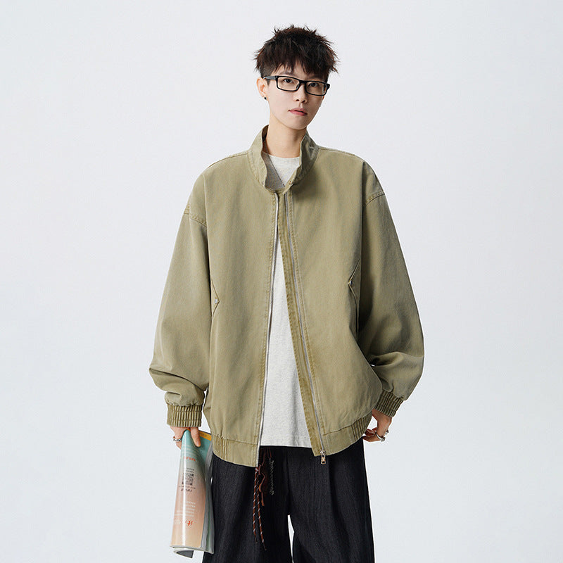 Men's Vintage Workwear Long Sleeve Cotton Striped Texture Stand Collar Jacket