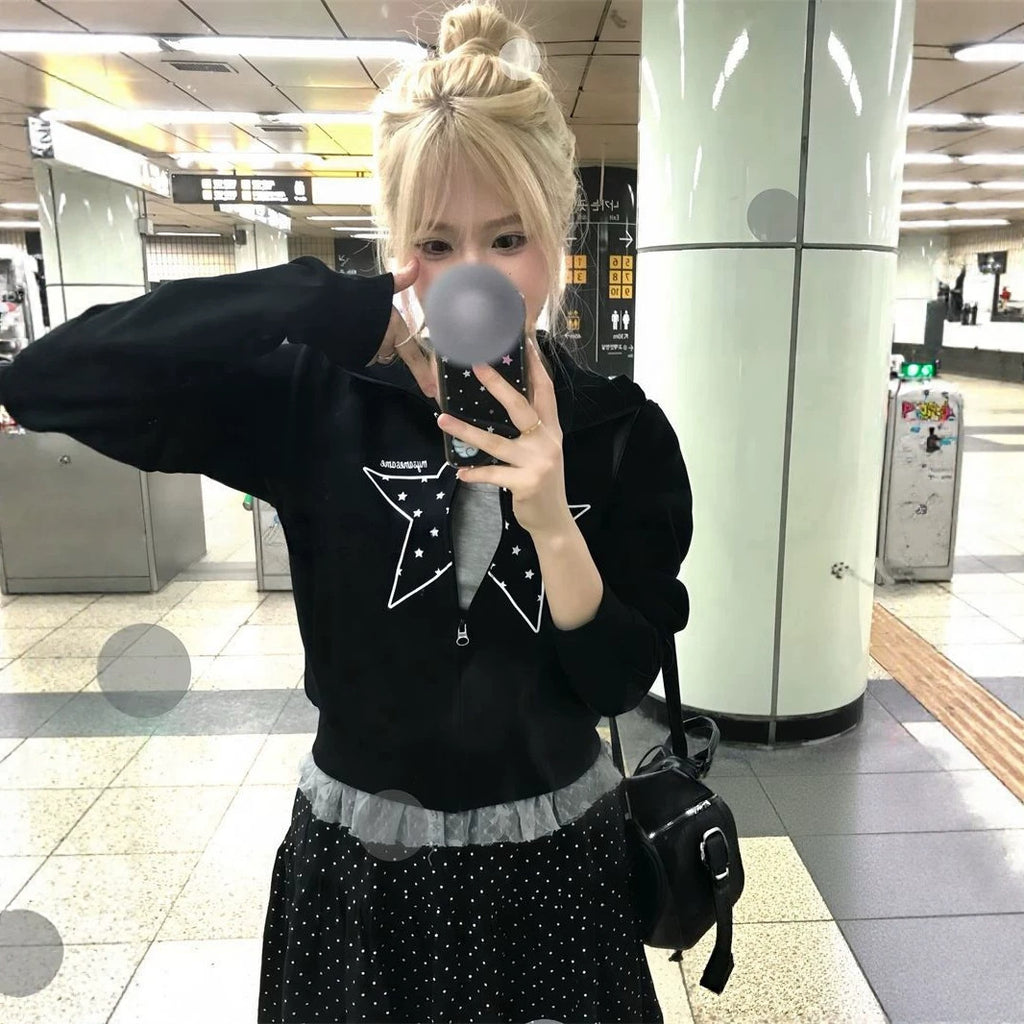 Star Short Crop Stand Collar Hoodie for Women Slim Fit Waist-Cinching Open Front Cardigan Top