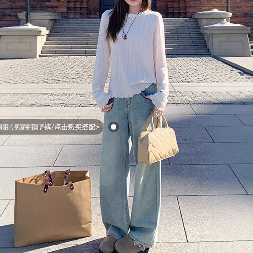 Spring New  Apricot Long Sleeve T-Shirt for Women, Hollow Lace Trim Inner Layer Top, Casual Wear