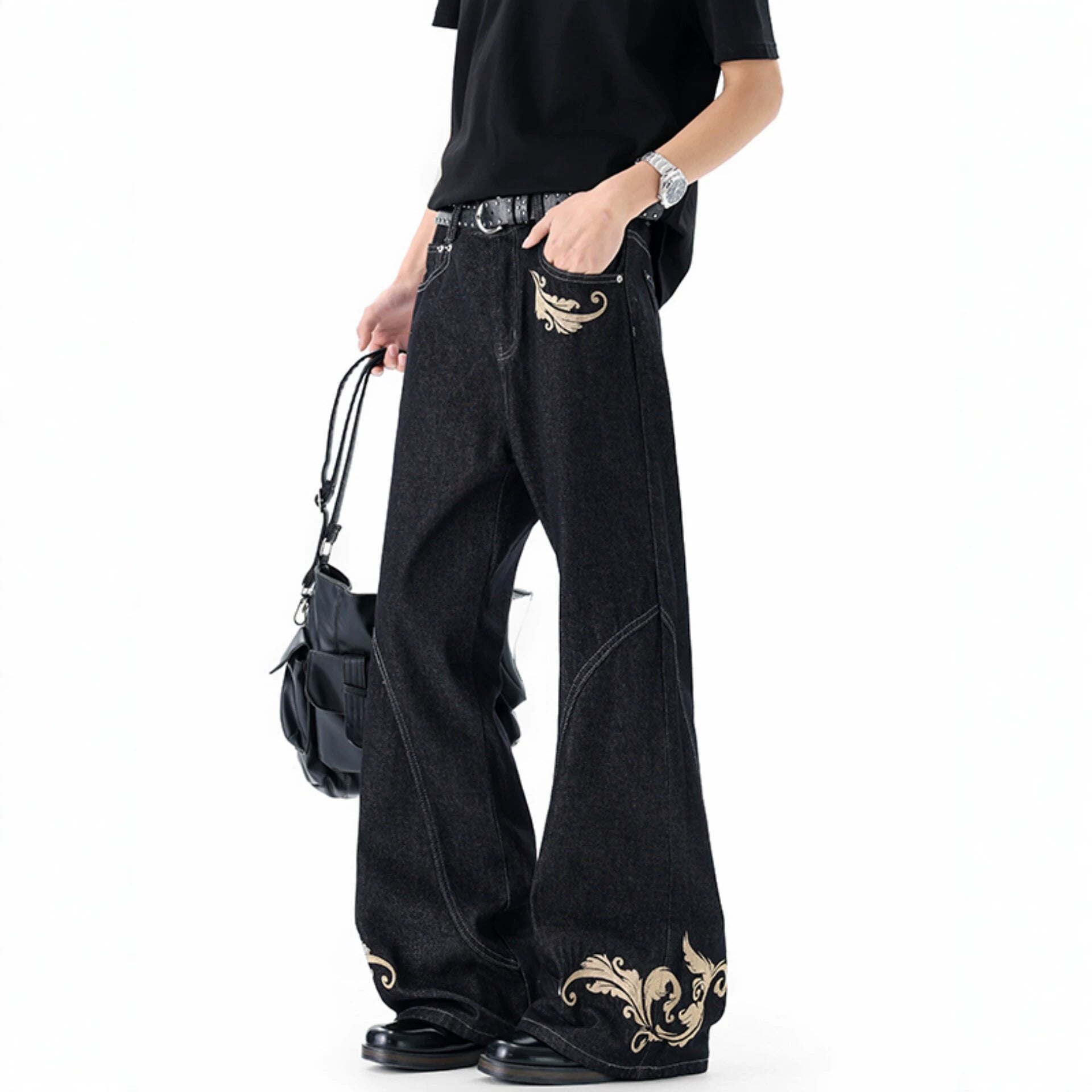 Vintage Distressed Black Denim Pants Men's New Design Wide Leg Flared High Street Versatile Trousers