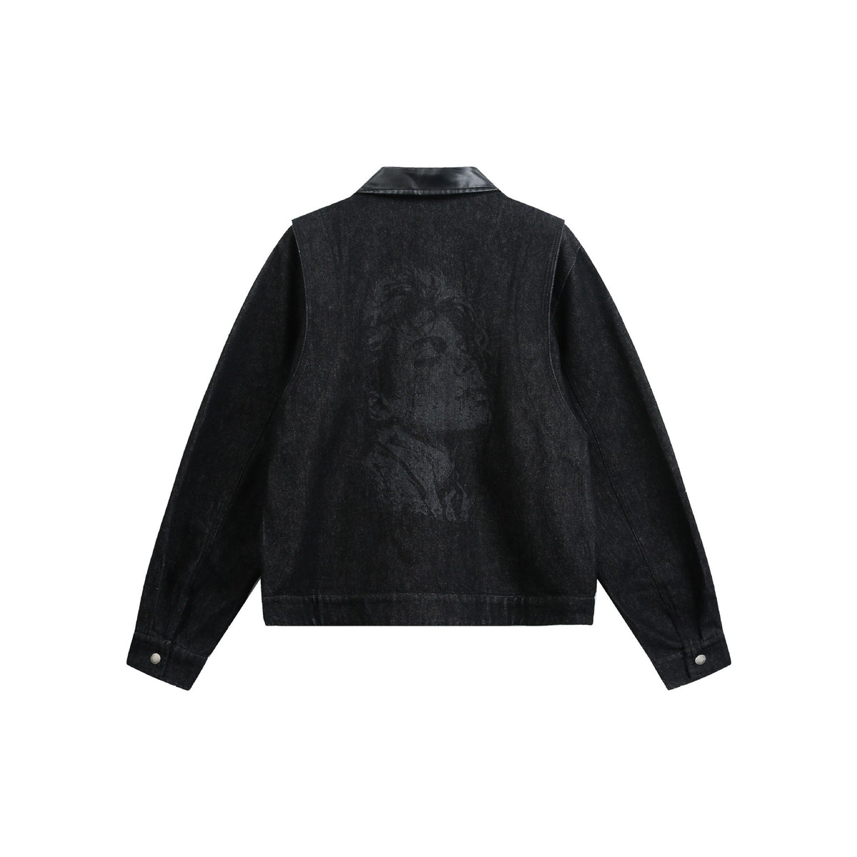 PU Leather Patchwork Burnout Denim Jacket for Men with Turn-down Collar