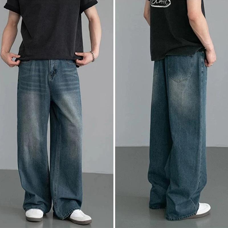 Vintage Denim Pants Men Washed Wide Leg Retro Distressed Loose Straight Leg Long Trousers